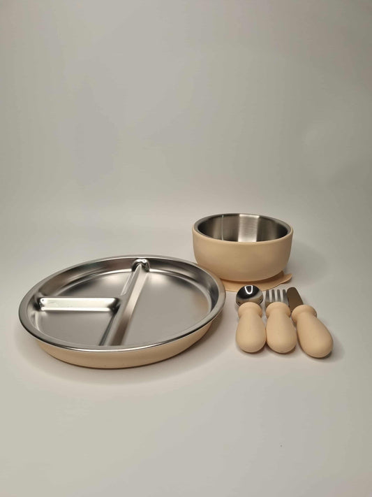 BUNDLE Stainless Steel Baby Feeding Essentials Bundle – Bowl, Divider Plate & Utensils (Non-Toxic | 6+ Months)