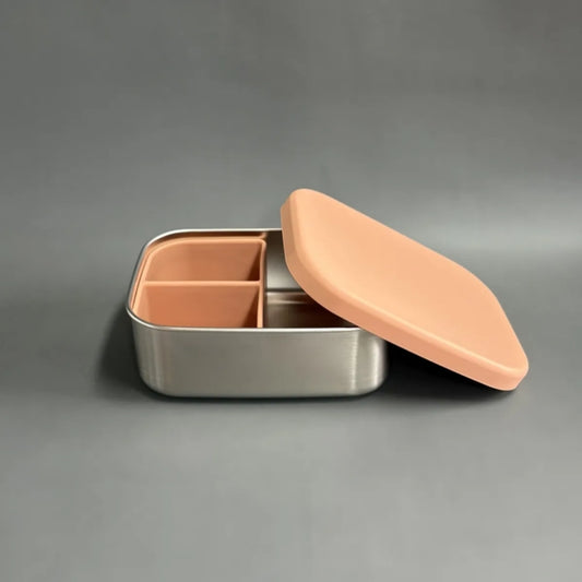 stainless steel bento lunch box with silicone lid

non-toxic lunch box for toddlers and parents

leakproof stainless steel lunch container with compartments

eco-friendly stainless steel food box dishwasher safe

toddler lunch box stainless steel plastic-free